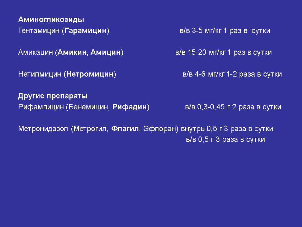 Аминогликозиды Гентамицин (Гарамицин) в/в 3-5 мг/кг 1 раз в сутки Амикацин (Амикин, Амицин) в/в